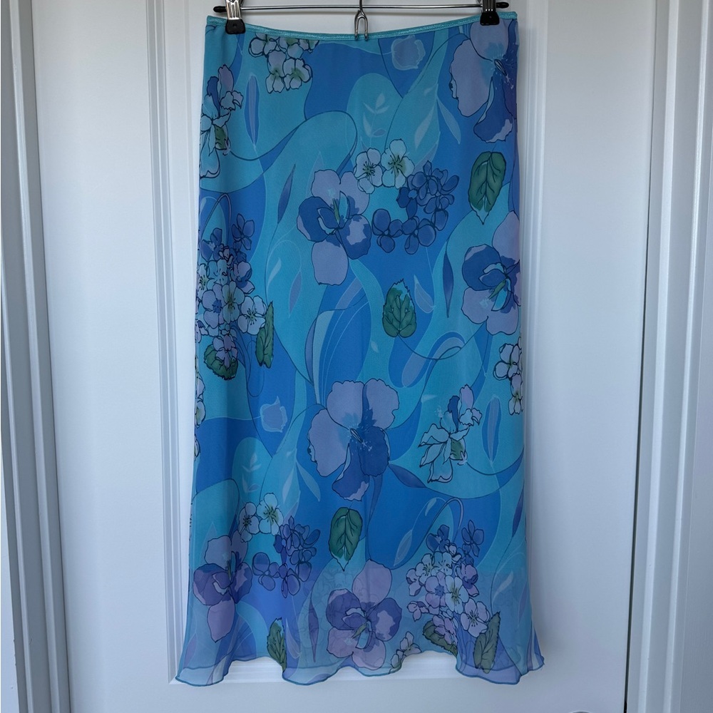 Y2K Mermaid Blue Skirt Watercolor Flowers Fully Lined